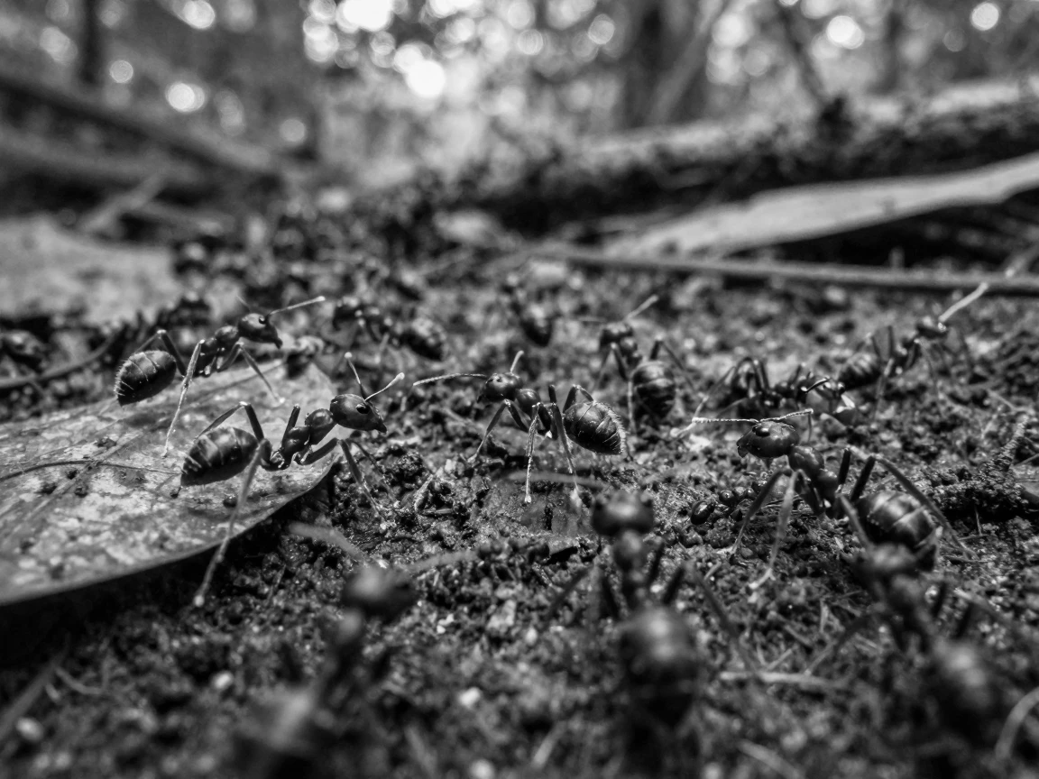 A colony of ants marches in a long single file along a forest floor.