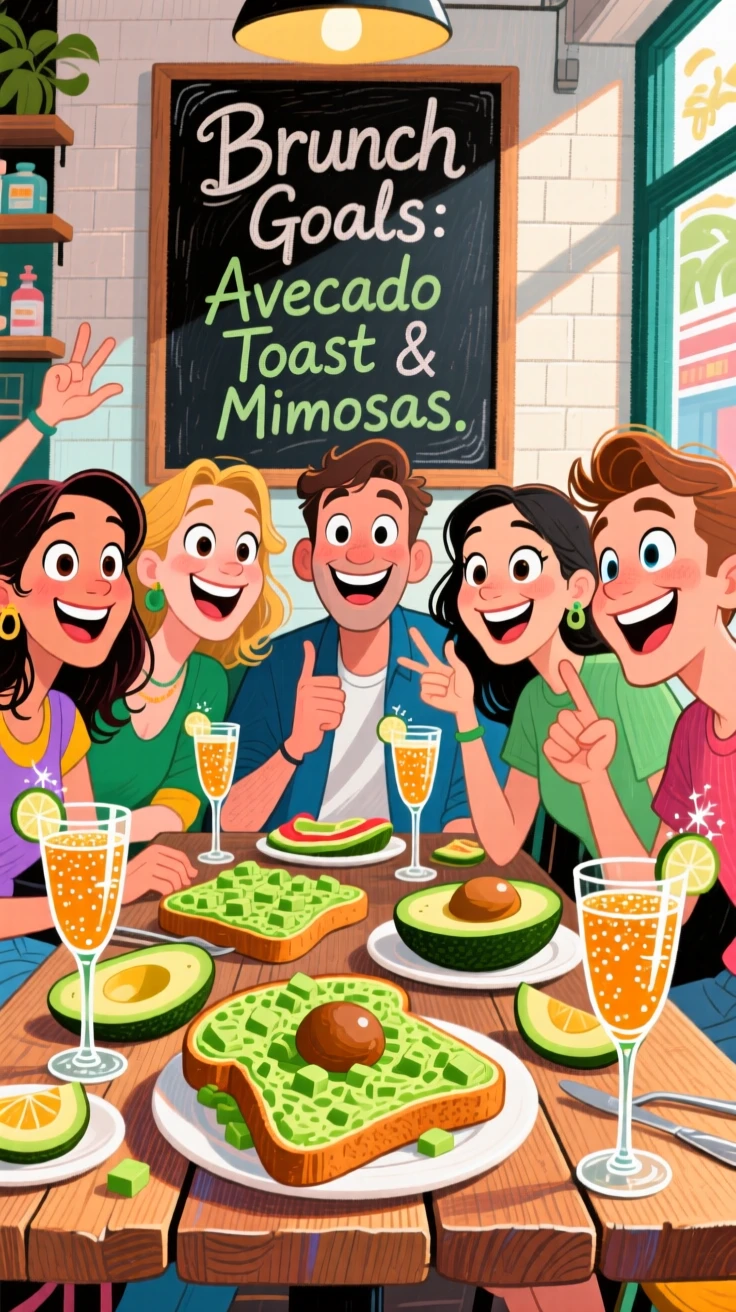 A group of friends at a trendy brunch spot, avocado toast and mimosas on the table.
