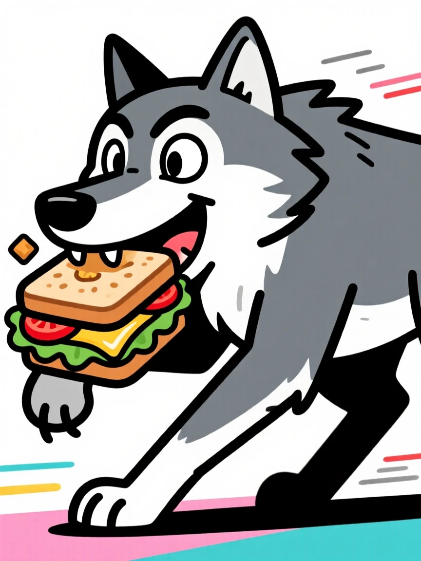 A charming animal moment featuring a majestic wolf sneaking away with a stolen snack triumphantly, with a mischievous glint in its eye.