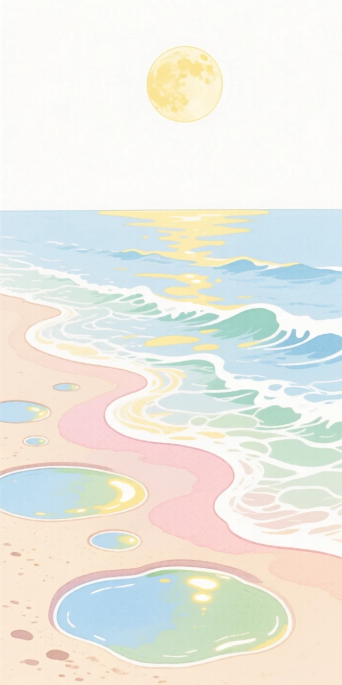 A serene landscape of a moonlit beach with gentle waves and glowing tide pools bathed in warm afternoon sun