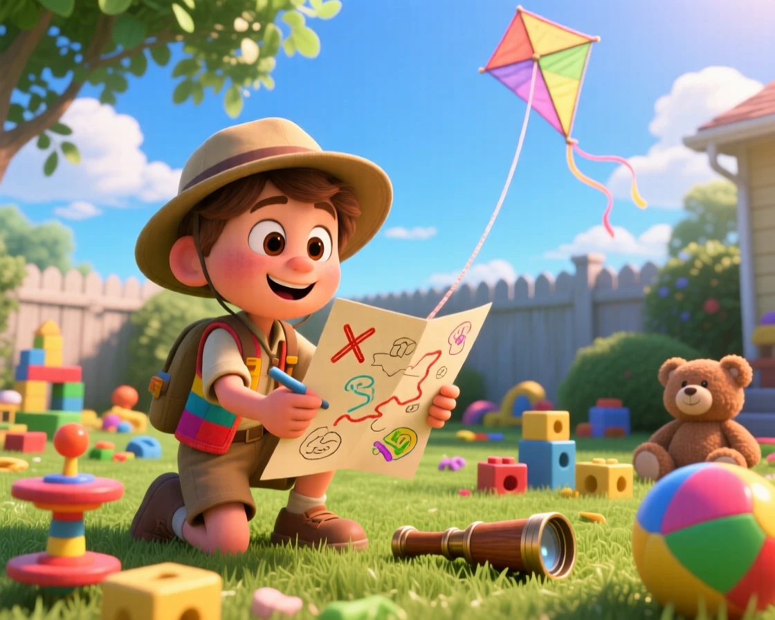 A young explorer following a hand-drawn treasure map takes place in a sunny backyard scattered with toys, with a kite string trailing off into the sky. The scene bursts with childhood wonder and delight.