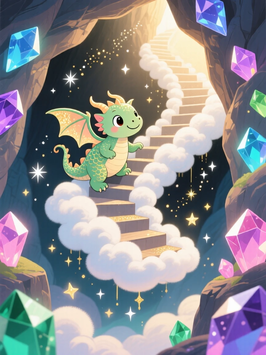A small dragon with tiny wings is climbing a staircase made of clouds in a glowing cave of gems, as sparkling magic dust drifts through the air.
