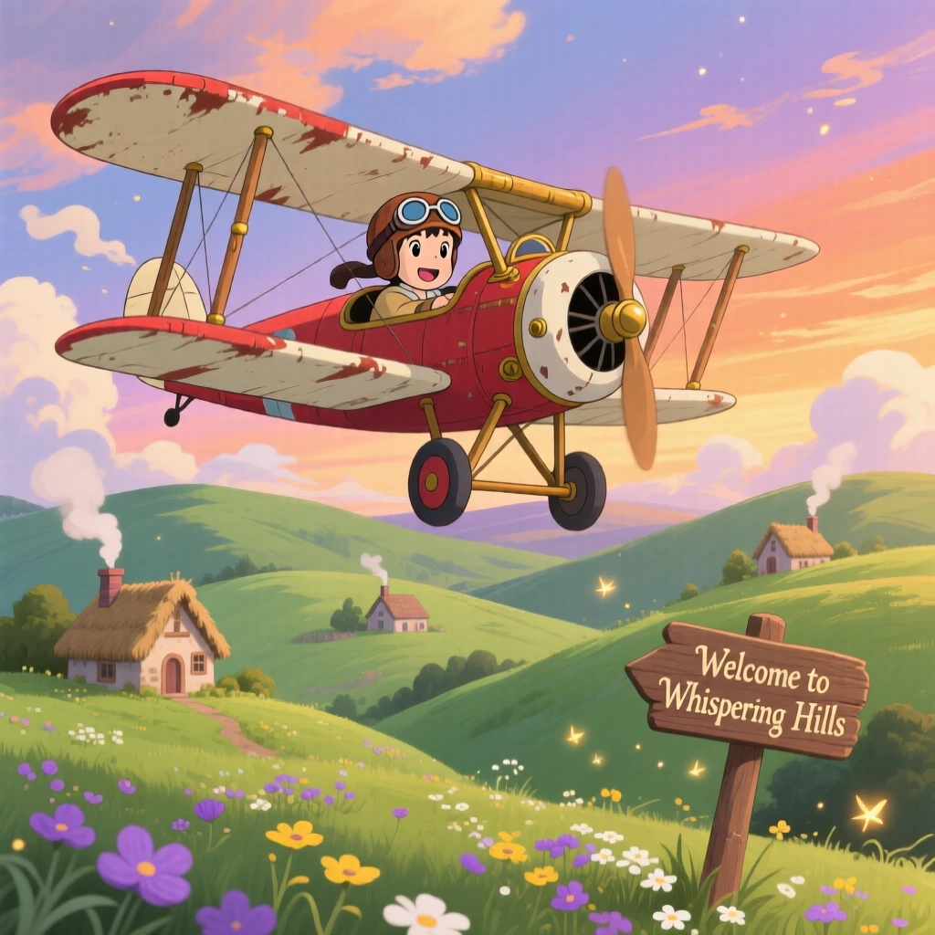 A charming scene of an old biplane soaring above rolling green hills, under a sky painted with warm colors.