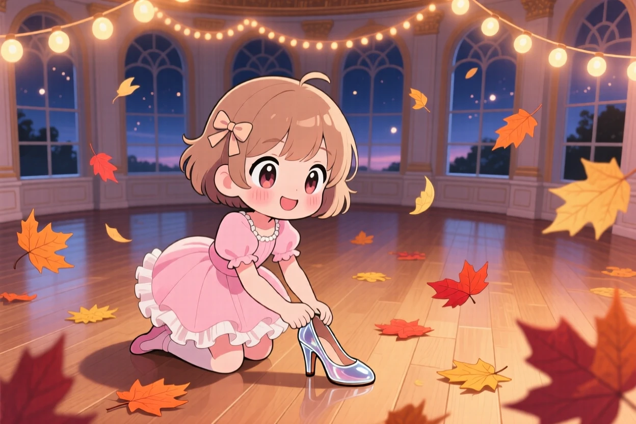 Bird's-eye view of a young girl, trying on a glass slipper with a hopeful smile, in an elegant storybook ballroom, with autumn leaves swirling around, illuminated by glowing string lights, radiating quiet contentment.