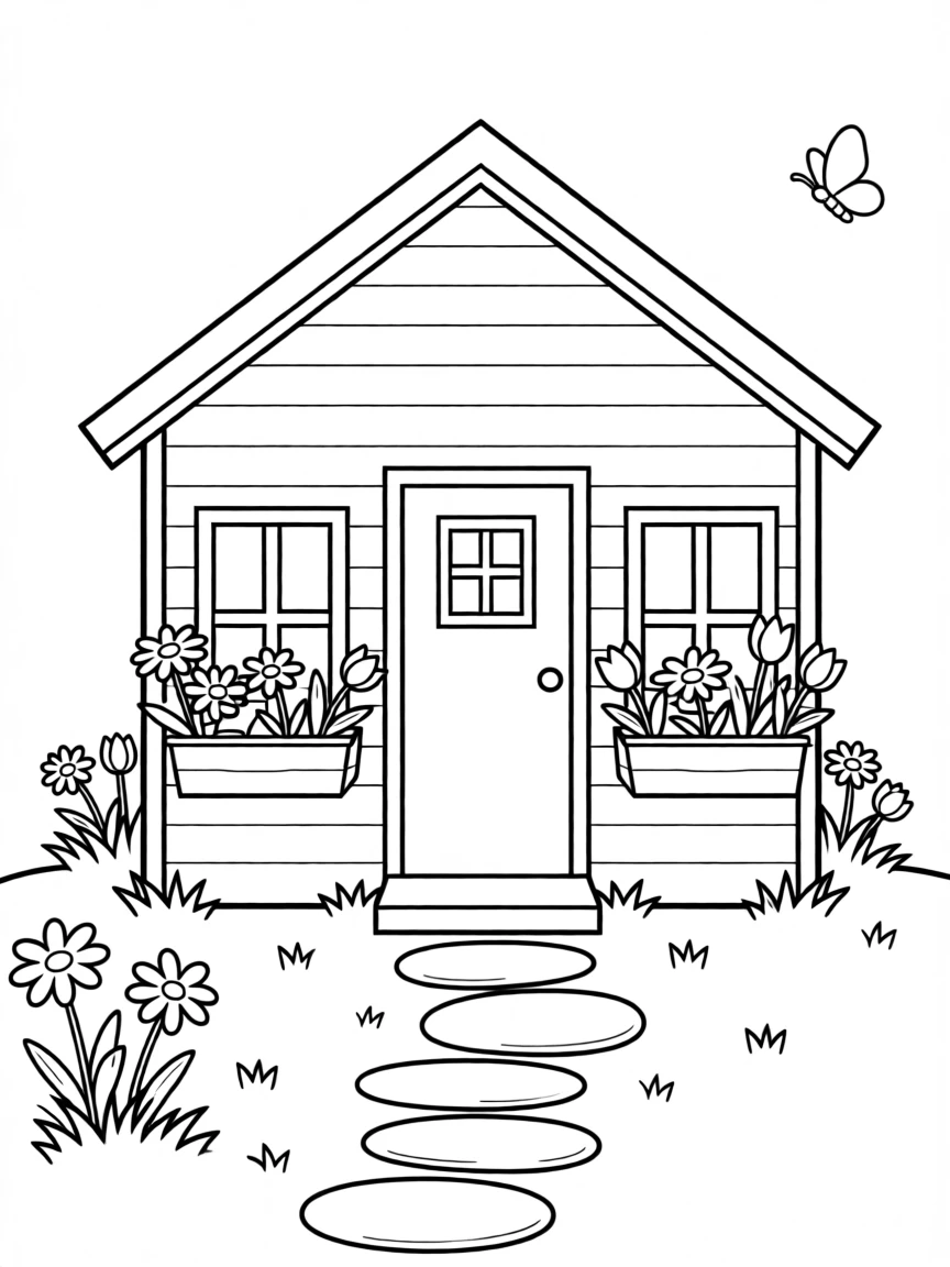 A playhouse in the backyard decorated with flower boxes
