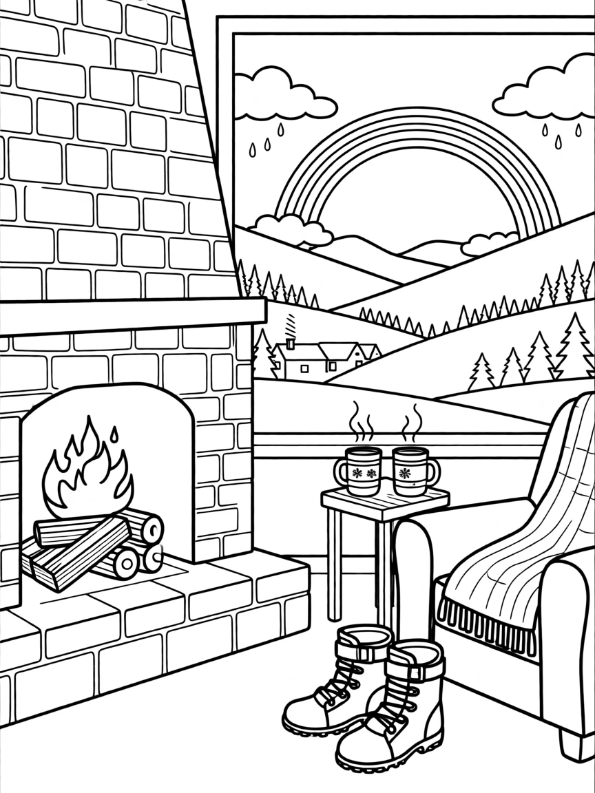 A ski lodge fireplace with hot cocoa mugs nearby, a rainbow arching over a valley after a summer storm.