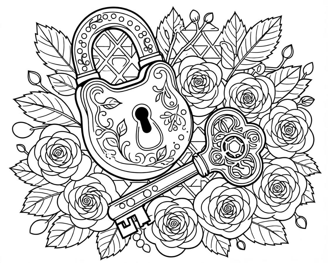 A single lock and key resting on a bed of blooming roses.