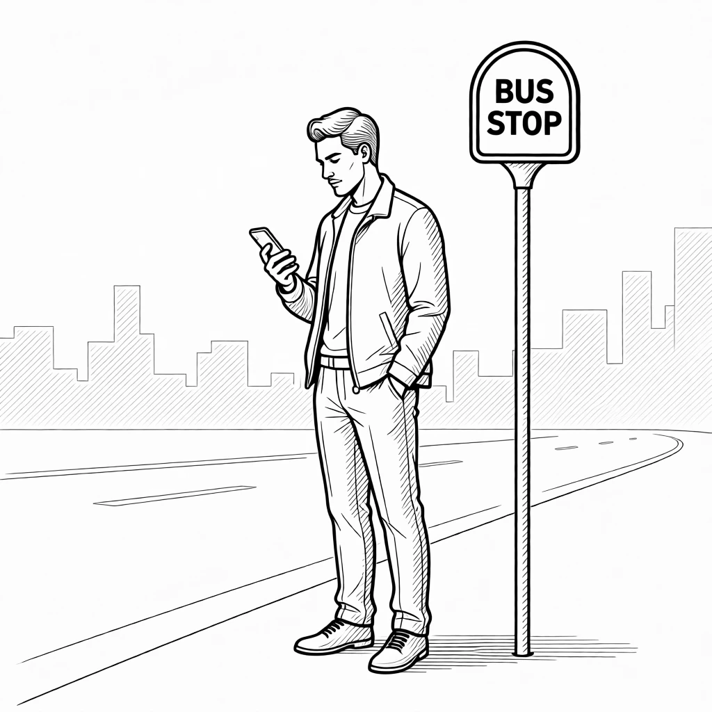 A commuter checking a phone while waiting for a bus