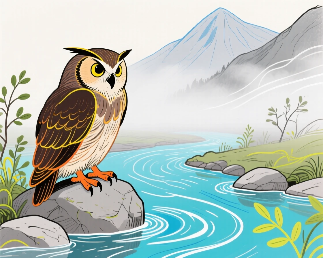 A wise old owl playing beside a mountain stream as fog rolls in.