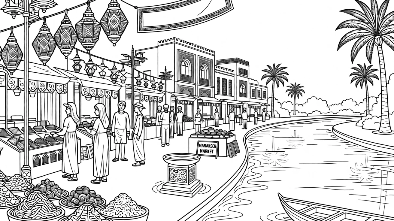 A market square in Marrakech filled with lanterns and spices, with a river reflecting the surrounding architecture.