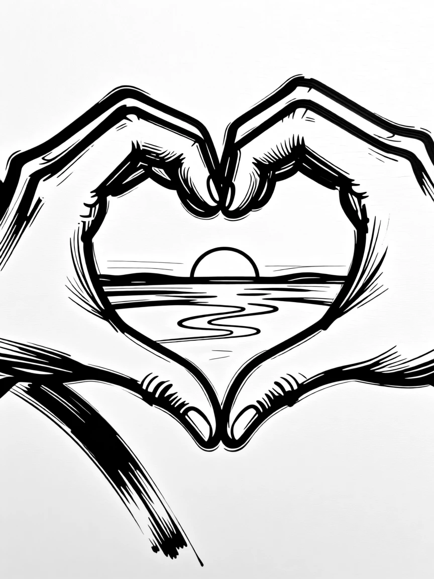 A pair of hands forming a heart shape framing a distant sunset.