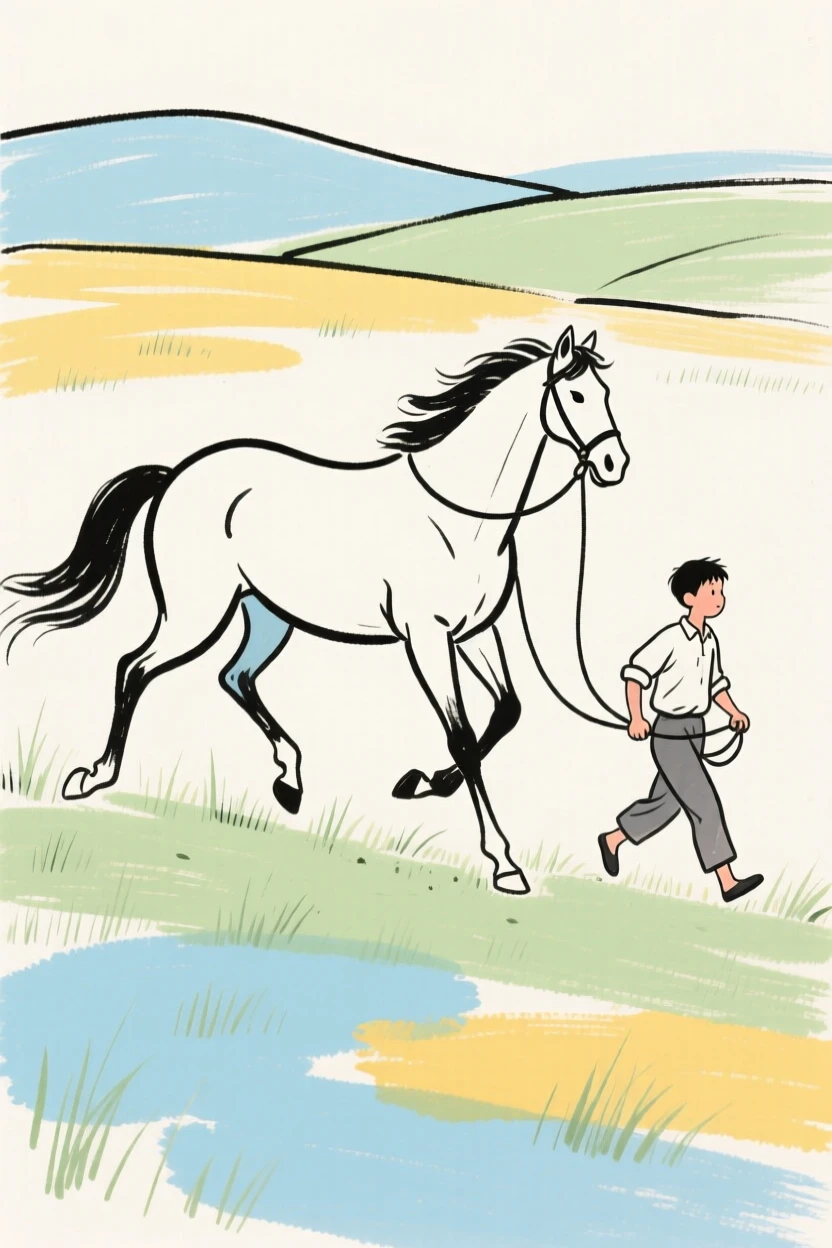 A young farmer leading a horse by its reins across a pasture.