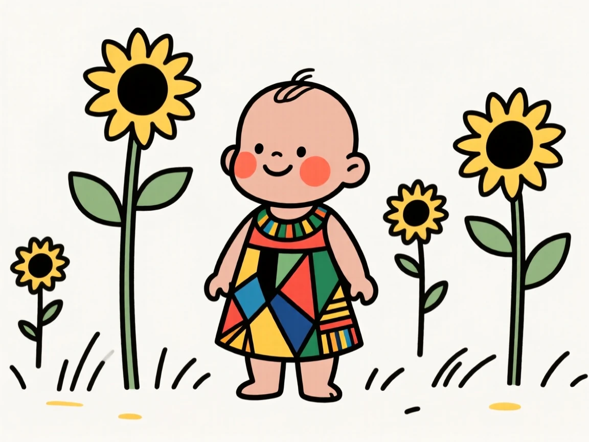 A curious baby of Egyptian heritage wearing a colorful Ankara dress, grinning mischievously, in a sunflower field.