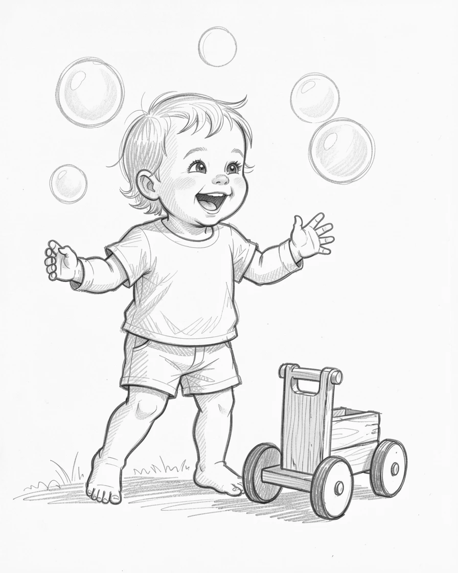 A toddler giggling while chasing bubbles, beside a small wooden toy, looking utterly adorable and at ease.