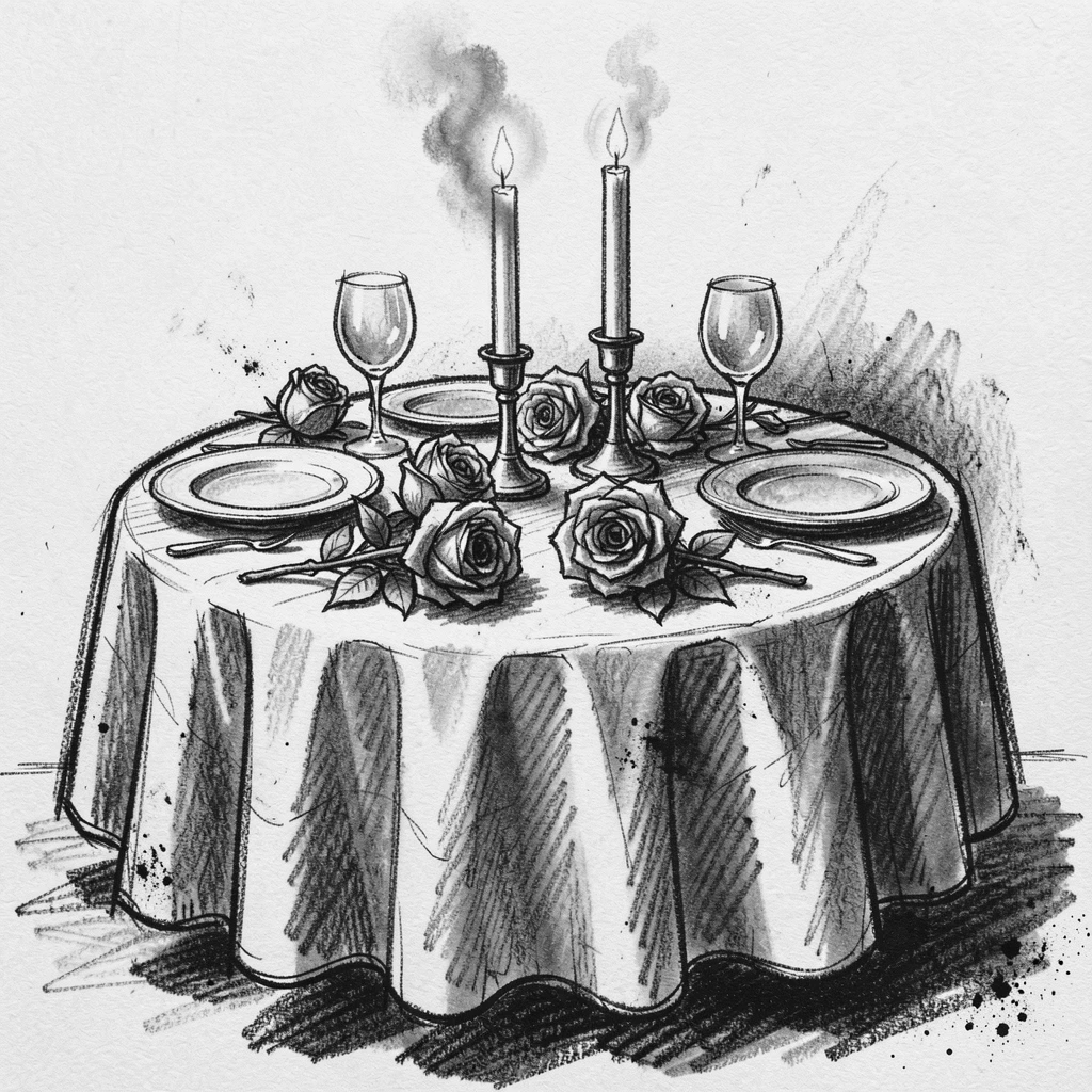 A Valentine's Day dinner set with candles and roses, on a quiet, peaceful afternoon.