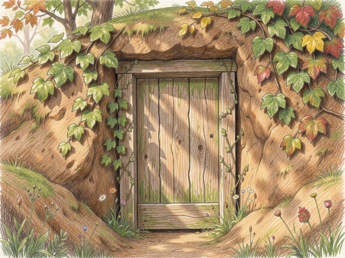 A countryside root cellar door framed by climbing ivy, with rich, inviting textures throughout the scene, celebrating a moment people would love to revisit.
