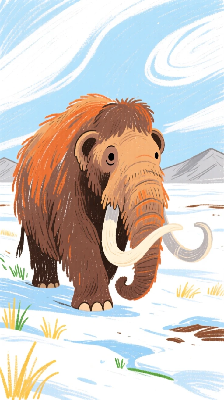 A Woolly Mammoth trudging across a snowy ice age tundra.