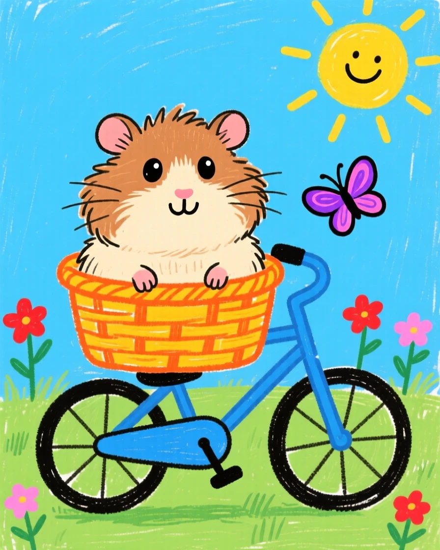 A fluffy guinea pig riding along in a bicycle basket.