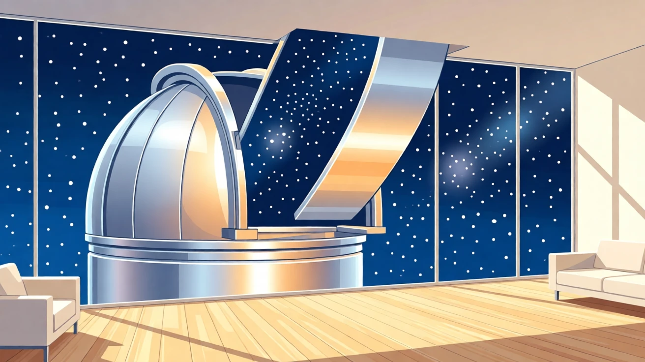 A futuristic observatory dome opening to reveal a starry sky, set within a bright, sunlit contemporary room, composed with a friendly, approachable sense of innovation, with sleek metallic textures catching soft light.