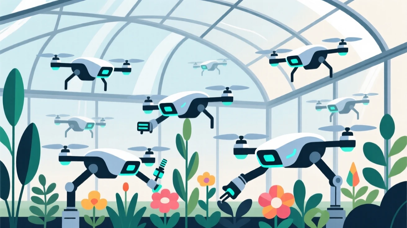 A fleet of drones collaborating on a project in a futuristic greenhouse.