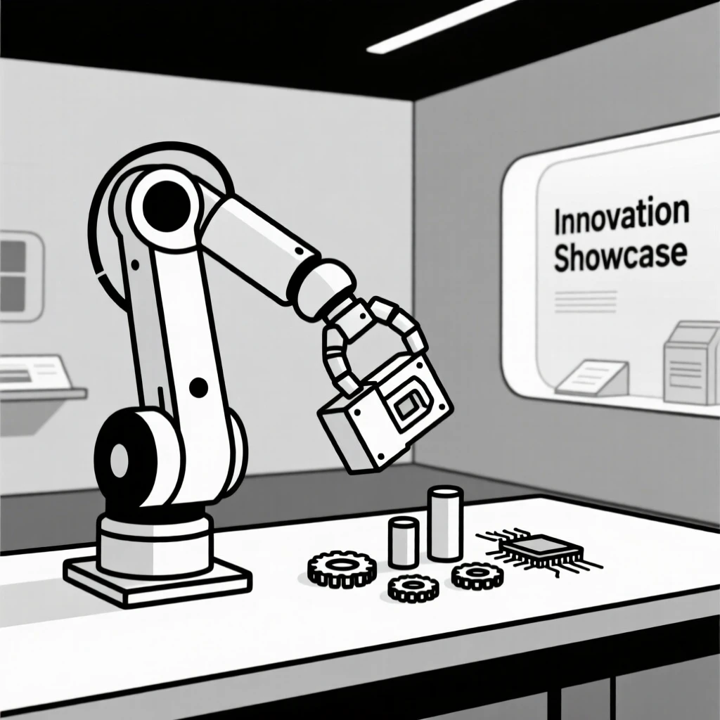 A view of robotic arm assembling a product operating within an innovation showroom, near precision robotic components, evoking forward-looking innovation.