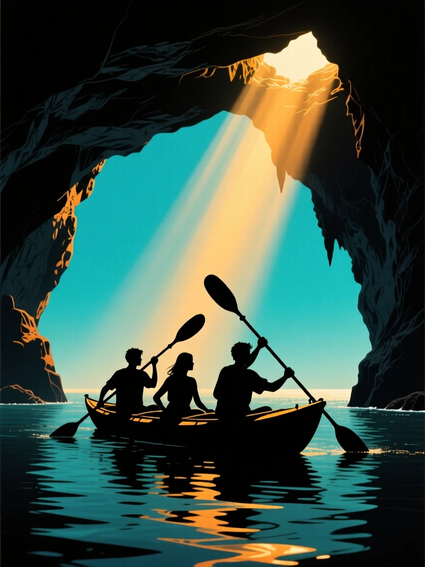 A group of friends kayaking through a sea cave lit by shafts of light.