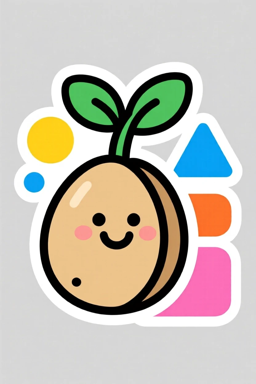A fun and approachable cheerful cartoon seed sprouting into a plant, surrounded by simple colorful shapes, in a colorful and encouraging style.