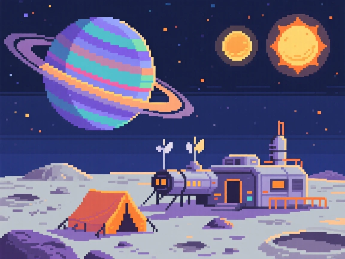 A space station orbiting a ringed planet setting up camp on a quiet alien moon, on an alien world with two suns.