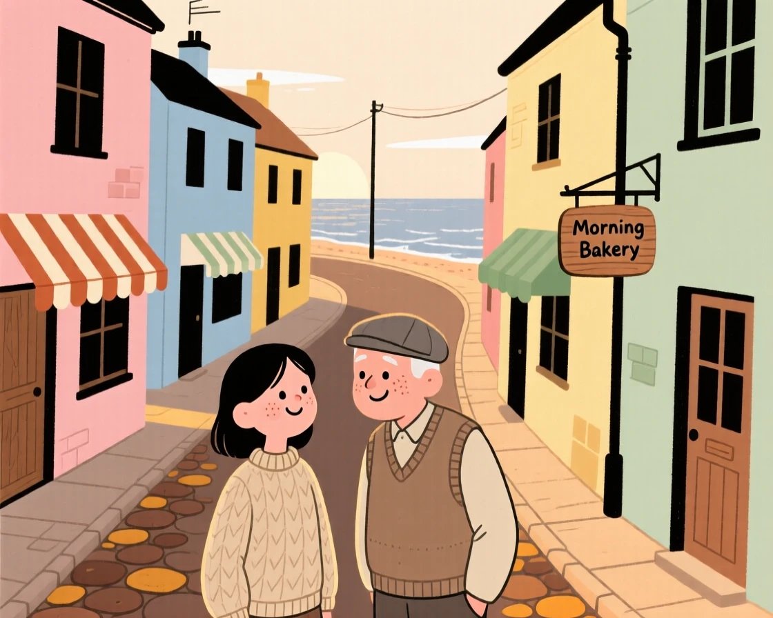 A narrow winding street winds through a small seaside village lined with pastel-colored houses and striped awnings, quiet in the early morning light.