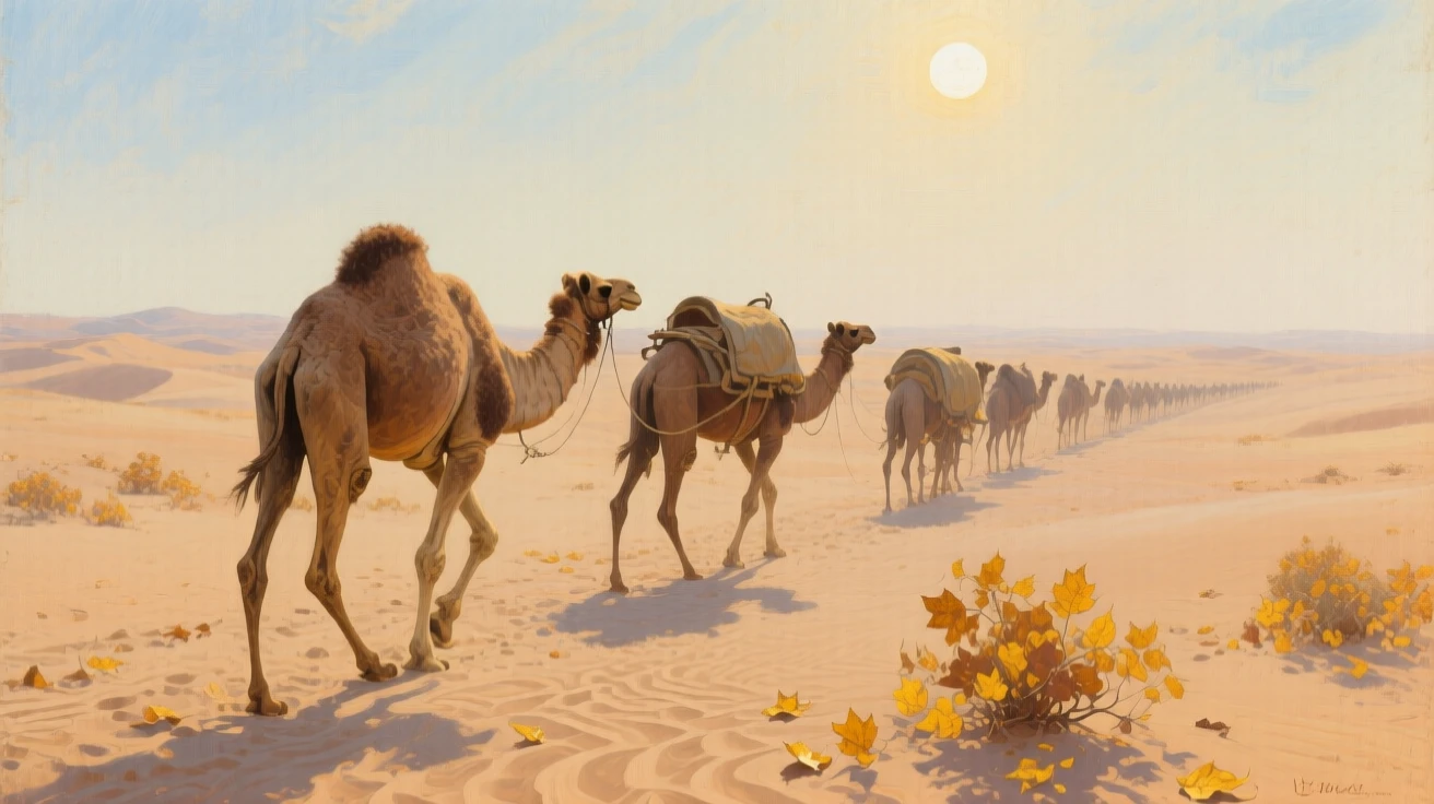 A balanced composition of a caravan of camels crossing a vast desert under a blazing sun, as autumn leaves turn gold, in the interwar years.