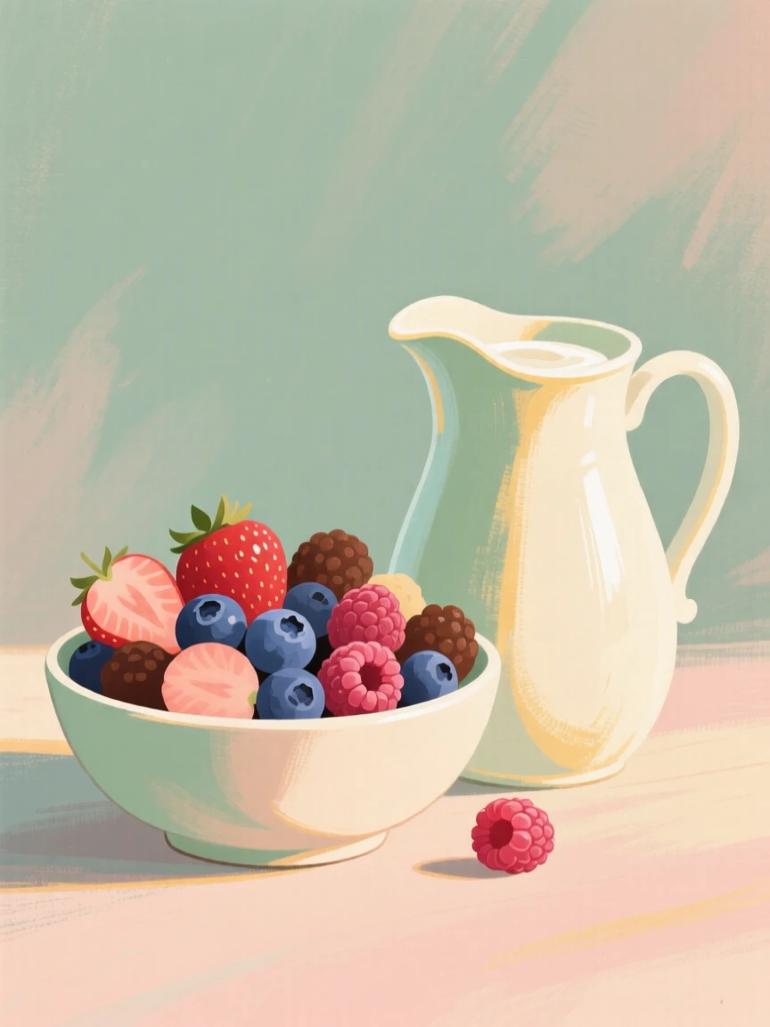 A bowl of fresh berries beside a jug of cream