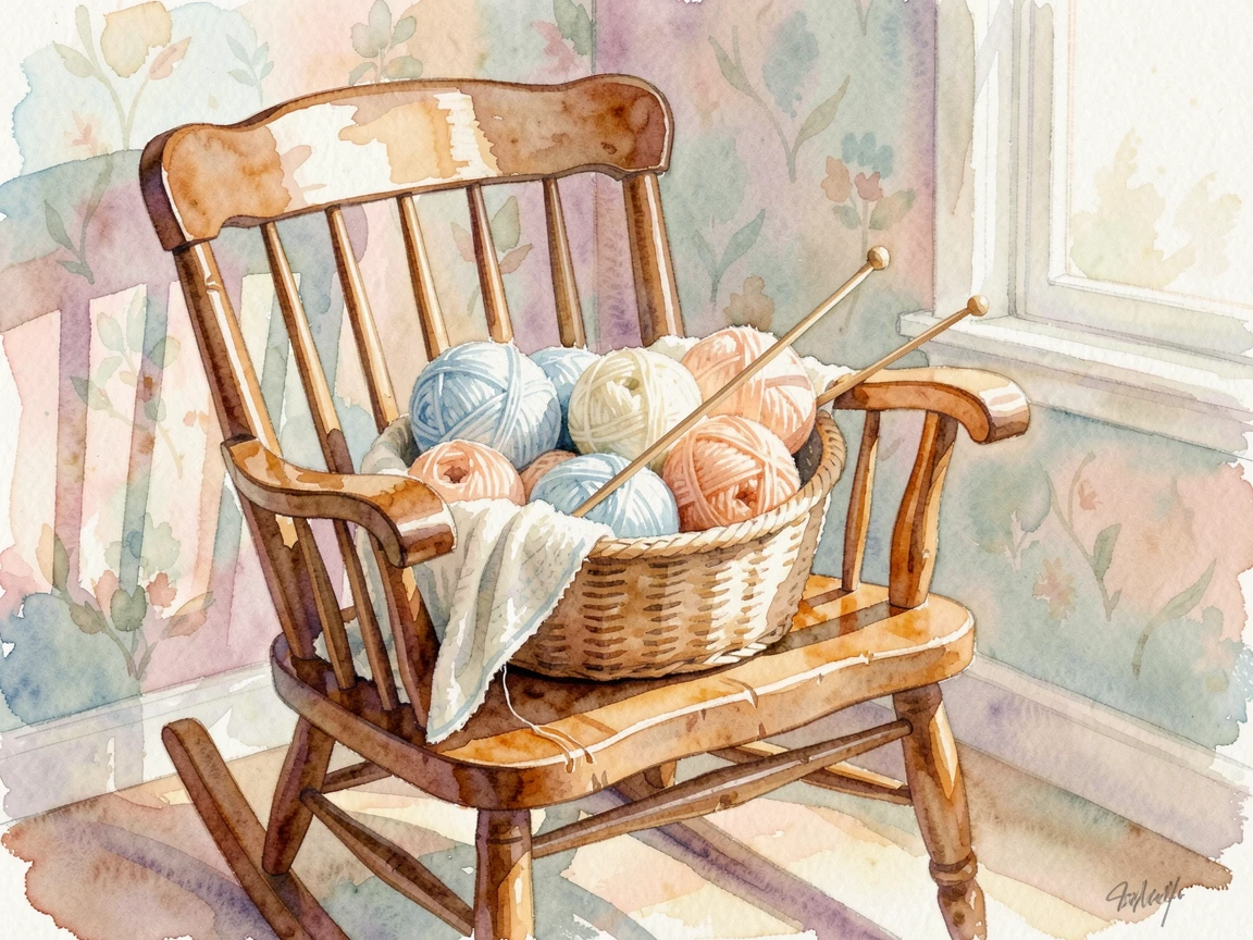 A nursery with a wooden rocking chair with a basket of yarn and knitting needles.
