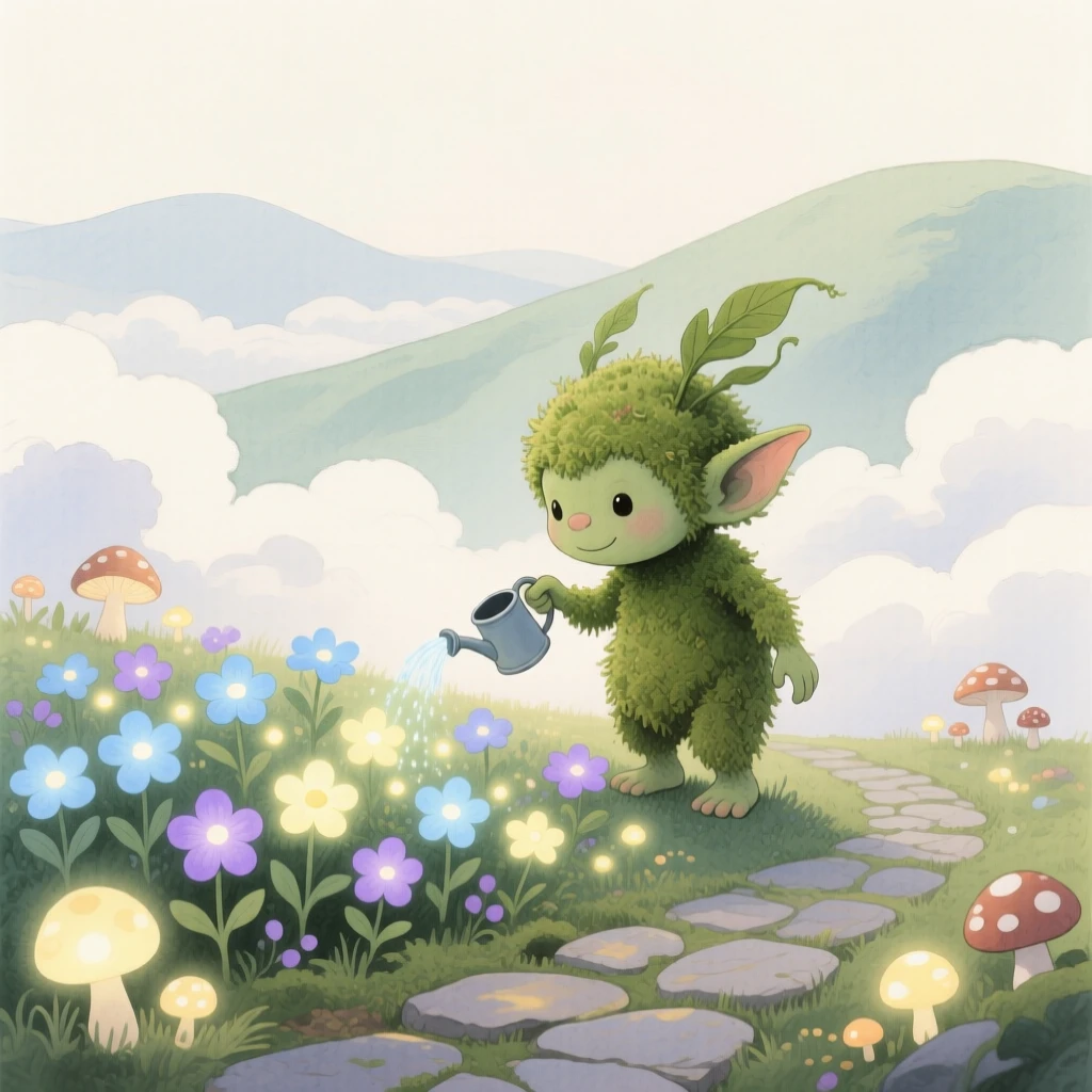 A tiny moss troll waters a garden of luminous flowers in a cloud kingdom above the hills, with glowing mushrooms lighting the path