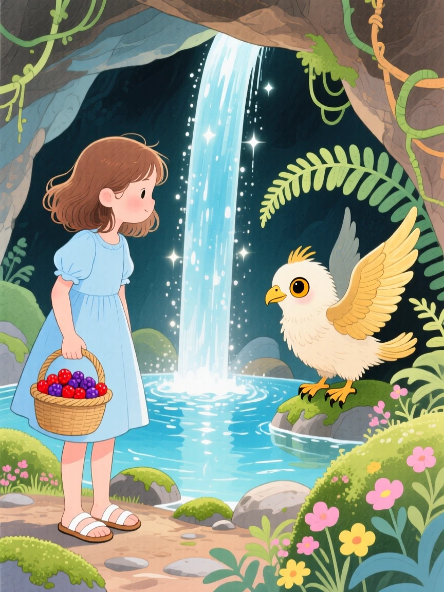 A girl with a basket of berries discovering a sparkling waterfall grotto for the first time, greeted by a shy baby griffin.