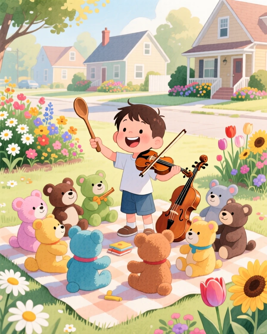 A child conducting a makeshift orchestra of stuffed animals with a wooden spoon, in a peaceful neighborhood full of blooming gardens, radiating kindness, hope, and heartfelt emotion.