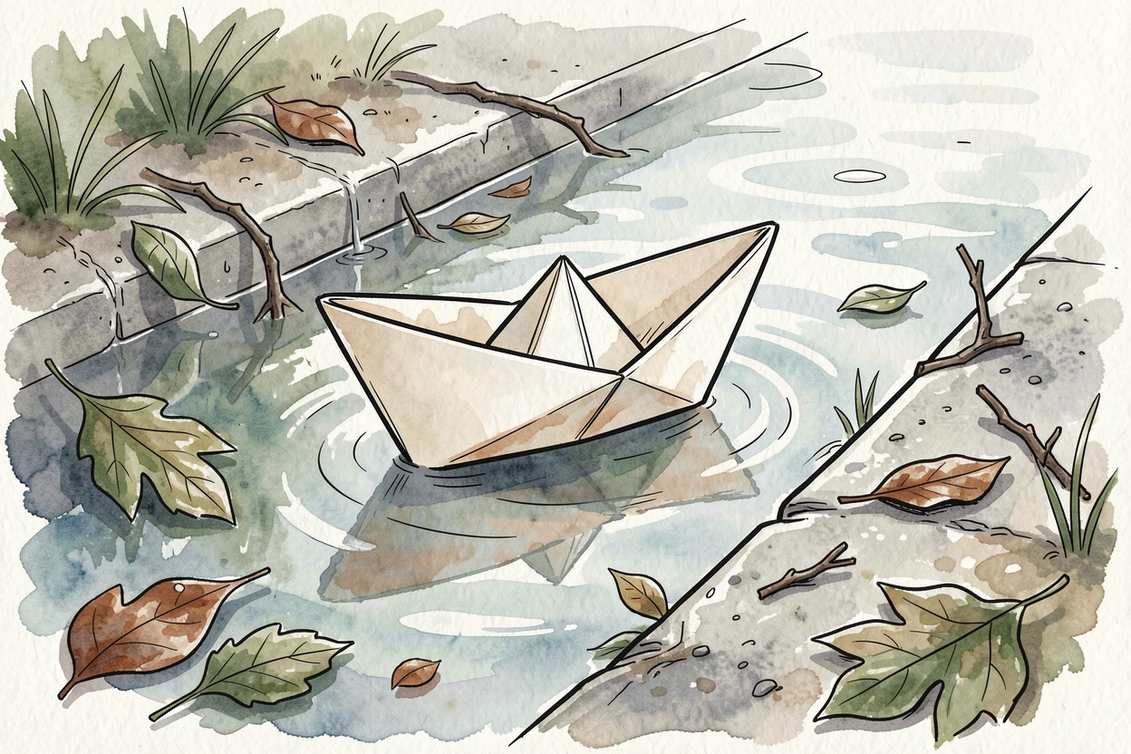 A paper boat floating down a rain-swollen gutter toward open water, the moment simple, sincere, and quietly powerful.