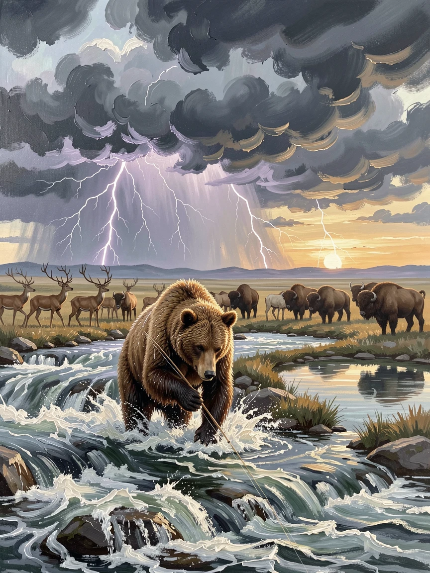 During a dramatic thunderstorm rolling in from the horizon, a grizzly bear fishing in a rushing river, beside a watering hole at dawn, the herd moving together in perfect coordination.