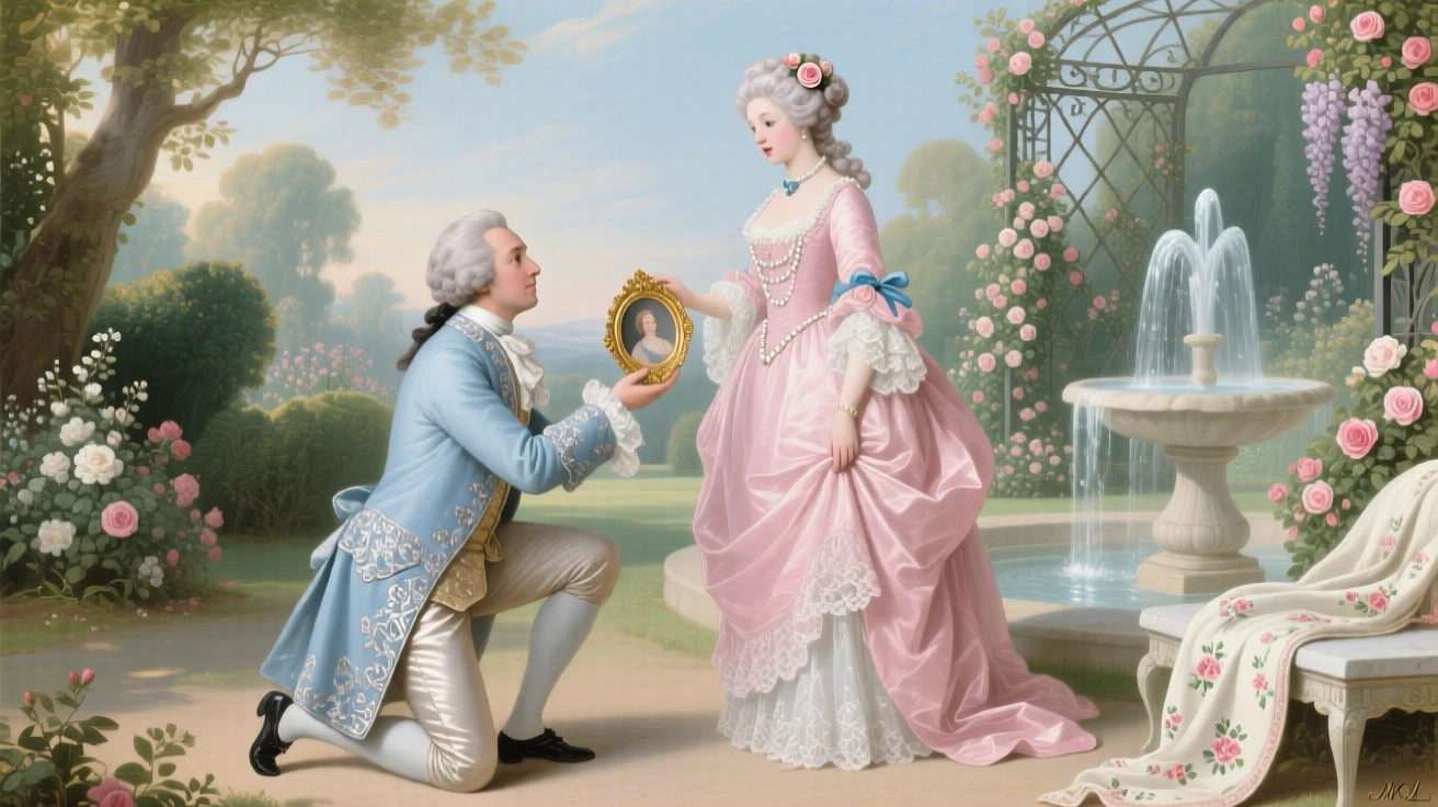 A nobleman presenting a lady with a tiny portrait miniature  