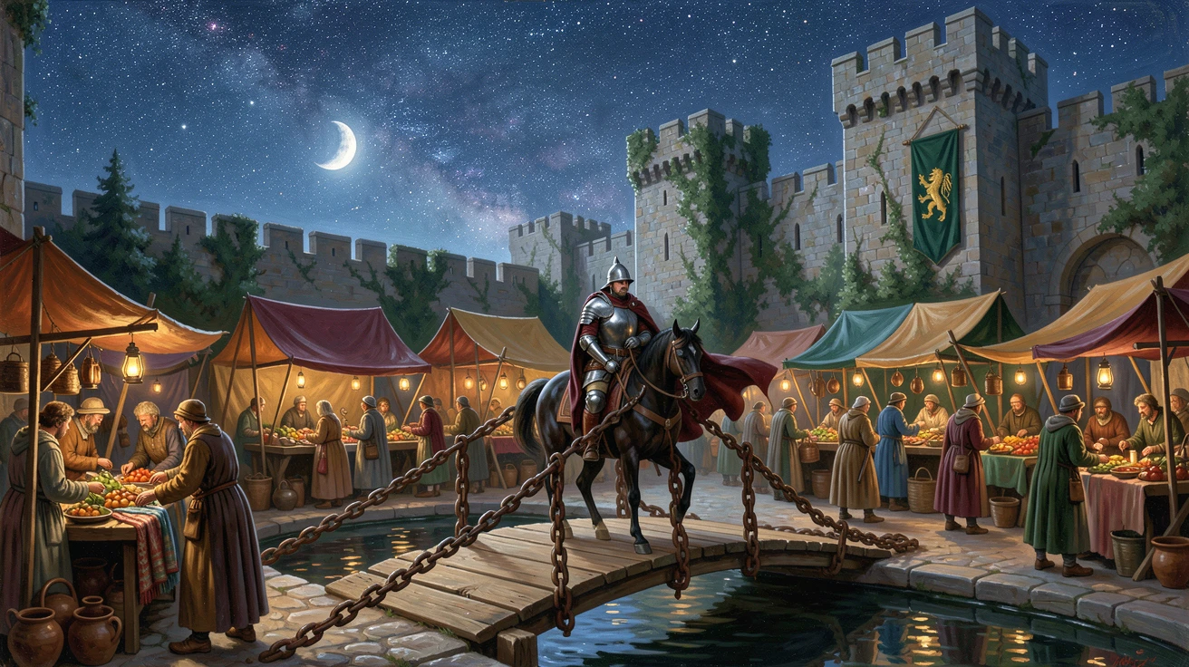 A sentry rides across the drawbridge of a castle courtyard bustling on market day beneath a canopy of stars.