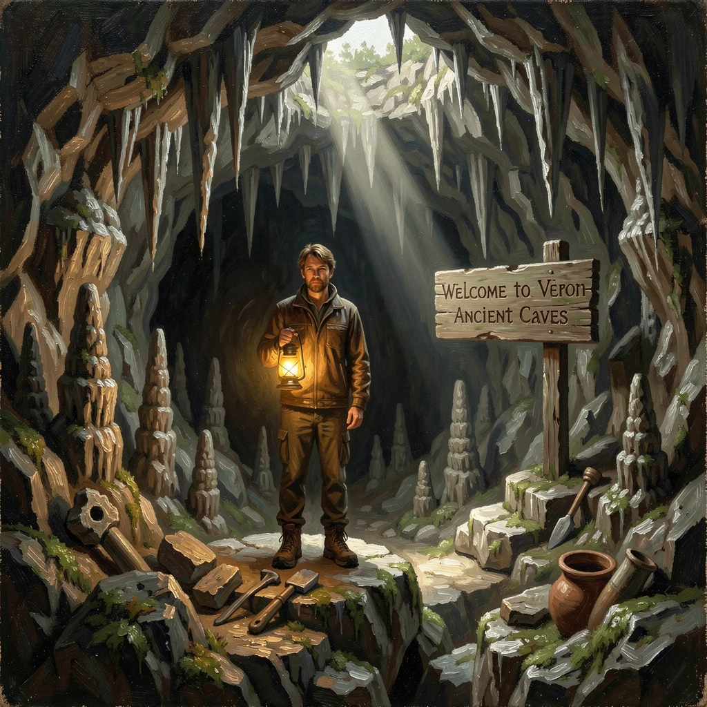 A traveler exploring an ancient cave system lit by shafts of natural light, with rich environmental detail immersing the viewer in the destination, radiating the thrill of seeing the world's most incredible places