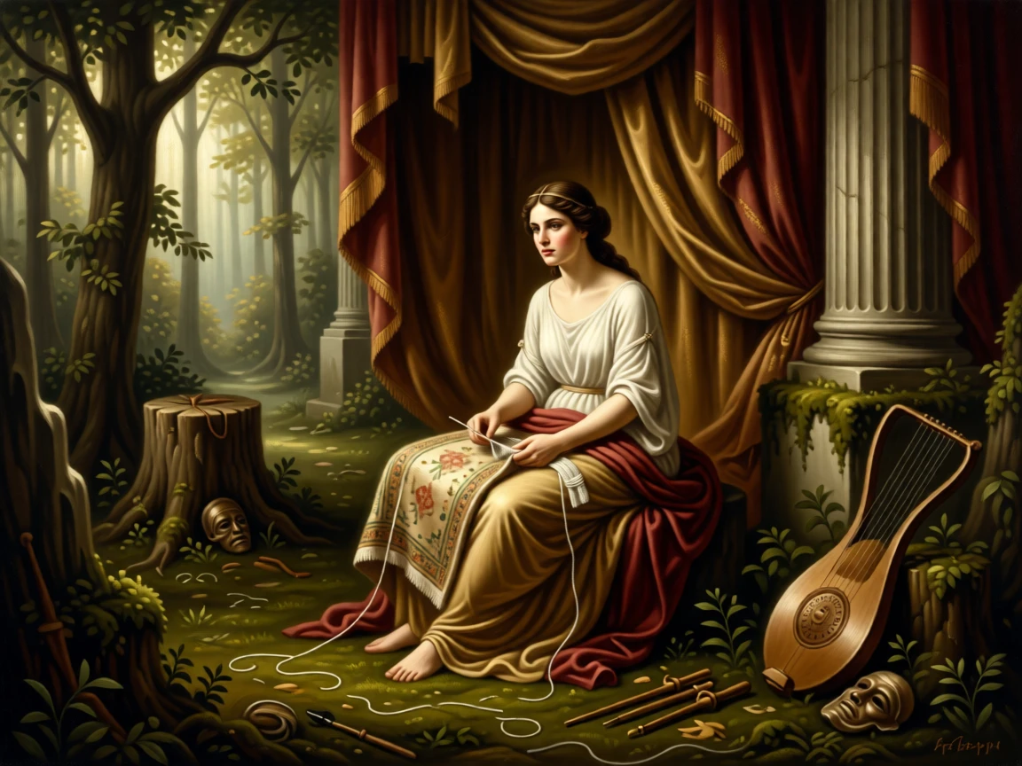 Odysseus's faithful wife Penelope unraveling her weaving by night at the story's most enchanting and memorable turn, set within an enchanted forest clearing bathed in soft light, with painted stage curtains and scattered theatrical props; foreground props hint at the tale without overwhelming the central figure, filled with romance, imagination, and quiet drama.