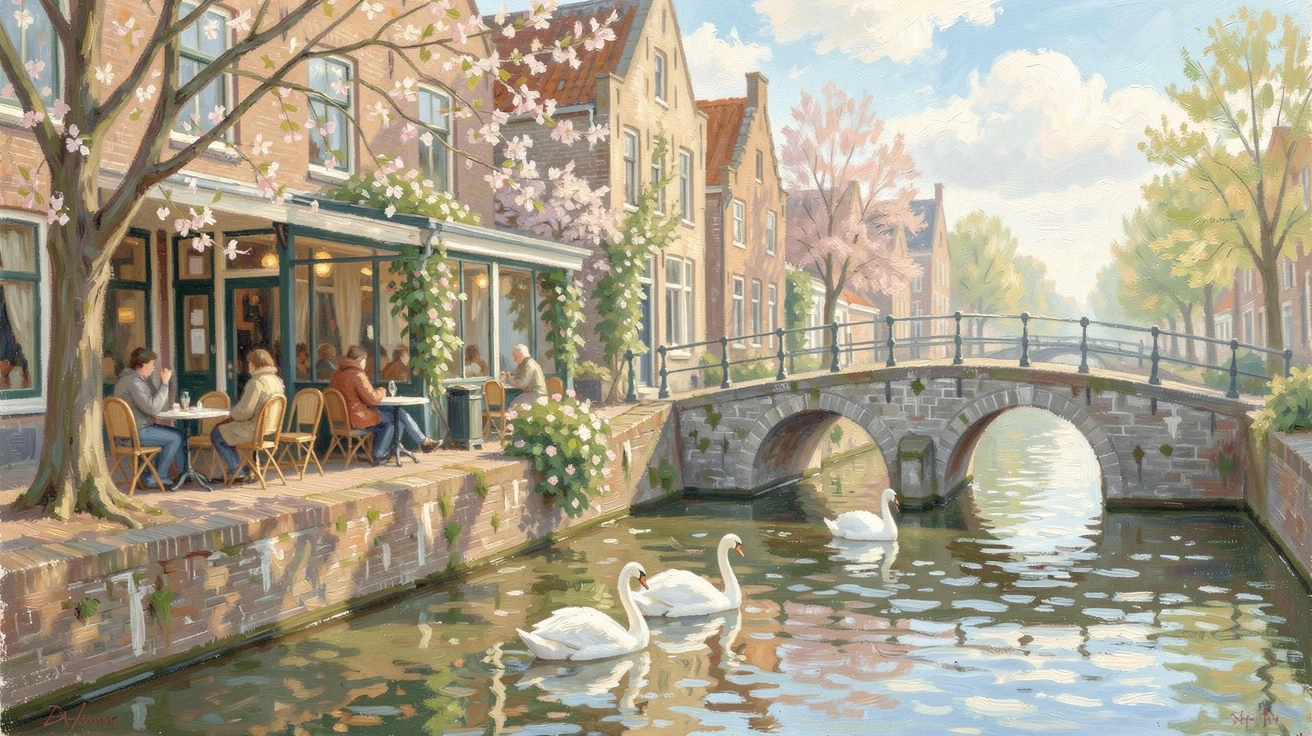 A quiet canal-side café in Bruges, swans gliding past beneath a medieval stone bridge, just as the first blossoms of spring appear, filled with a cozy, comforting atmosphere.