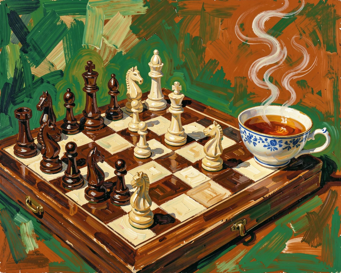 A still life of a chessboard mid-game beside a cup of cooling tea.