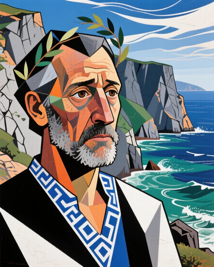A close-up portrait of a middle-aged man of Greek heritage reflecting quietly on a cherished memory, on a windswept coastal cliff.