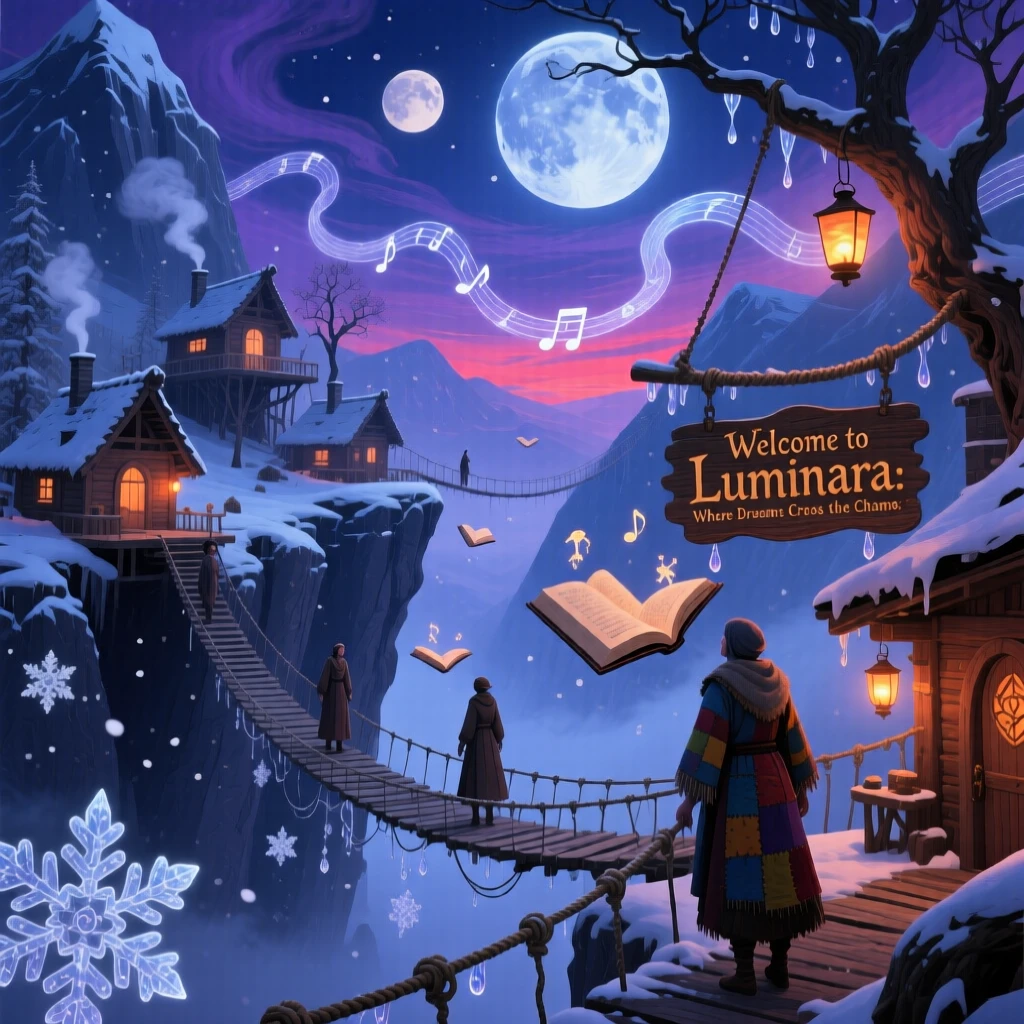 A mountain village connected entirely by rope bridges and lanterns rests peacefully beneath a blanket of drifting snow, while distant music drifts faintly through the still evening air.