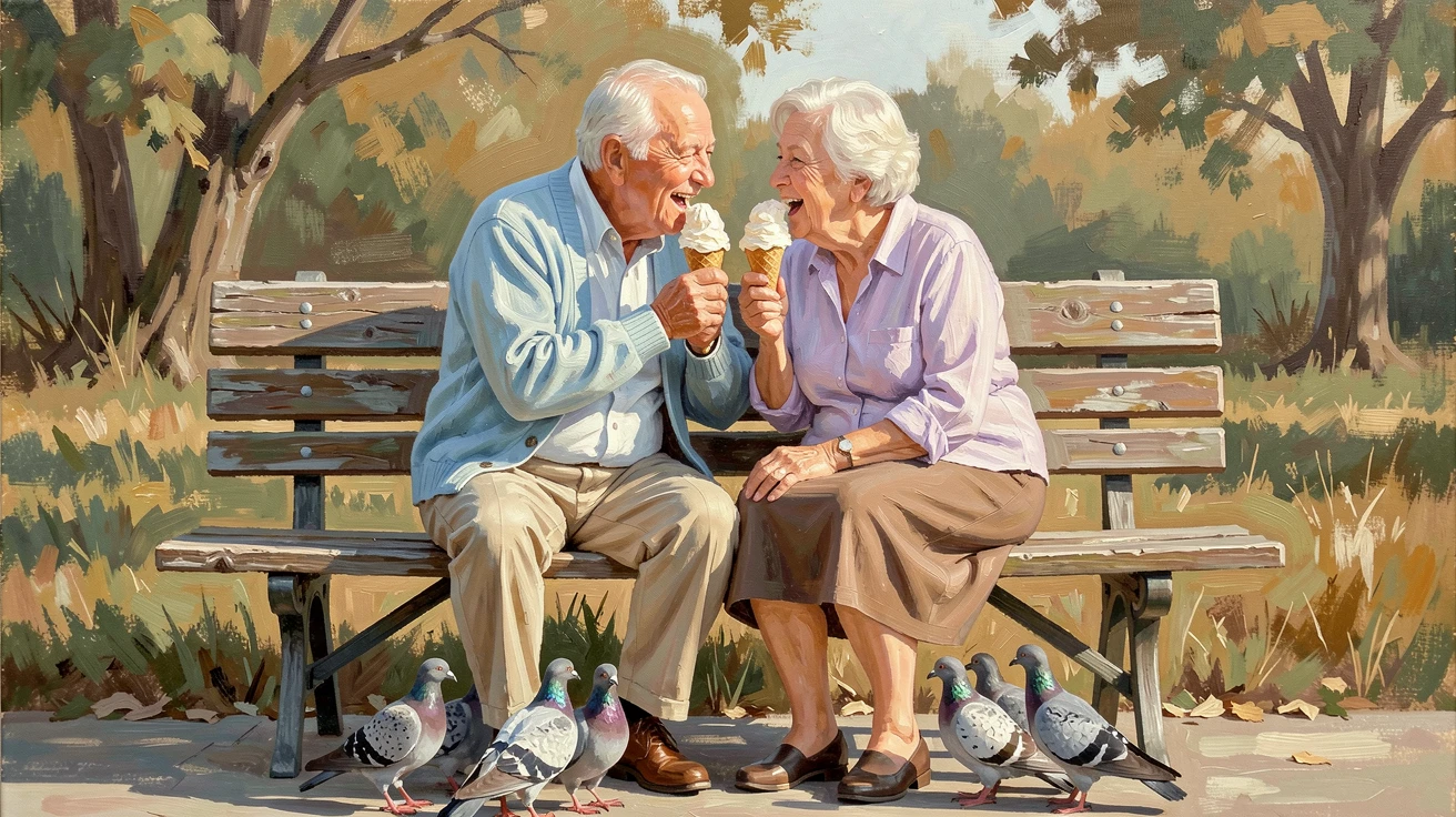 An elderly couple shares a single ice cream cone on a park bench, feeding each other bites while pigeons gather at their feet, soft ambient light gently shaping the contours of their face and surroundings.