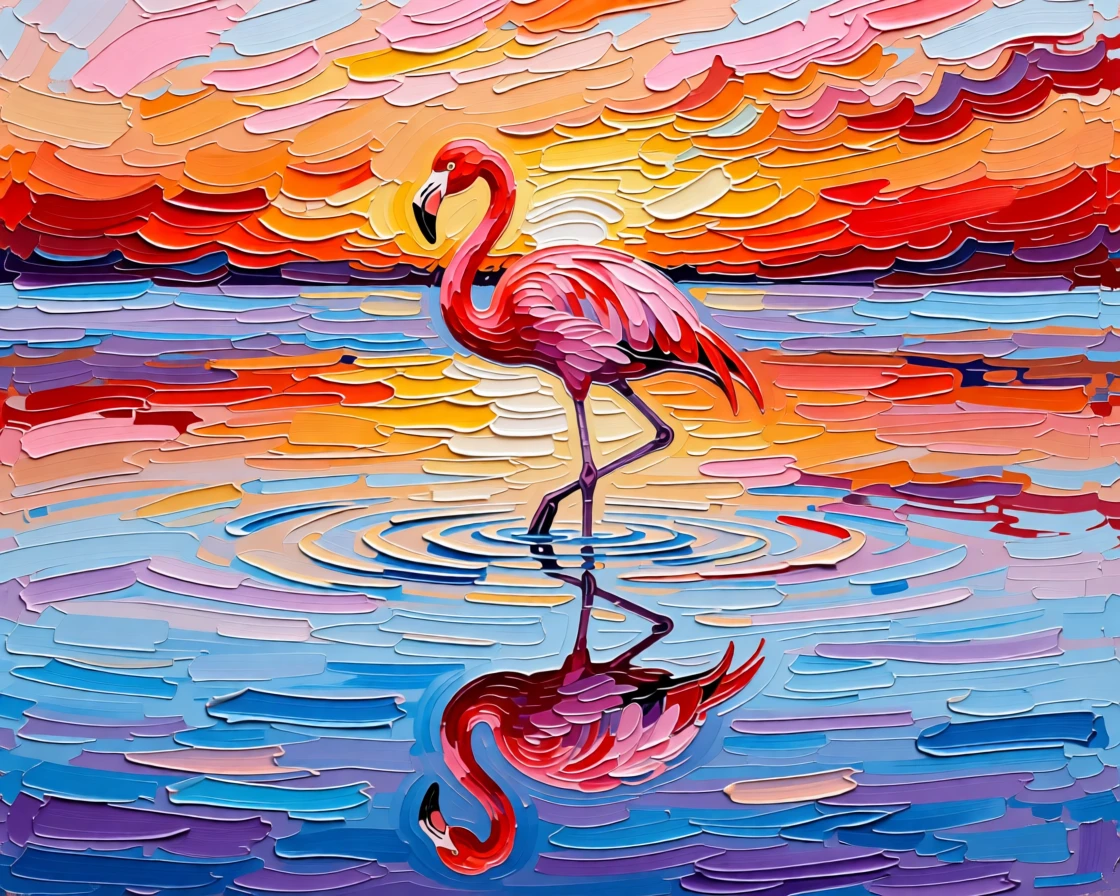 A flamingo's reflection doubling its pink form on a glassy lagoon at sunrise