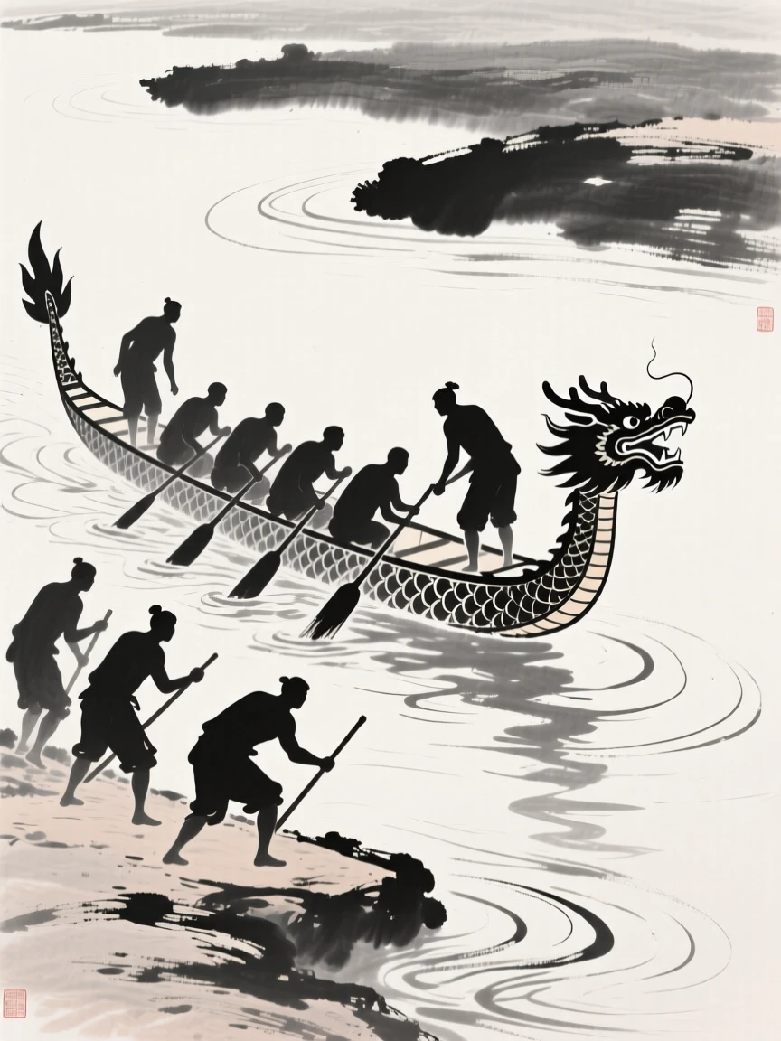 A team prepares their dragon boat at the riverbank before the festival race begins, as ripples spread wide across the river's surface.