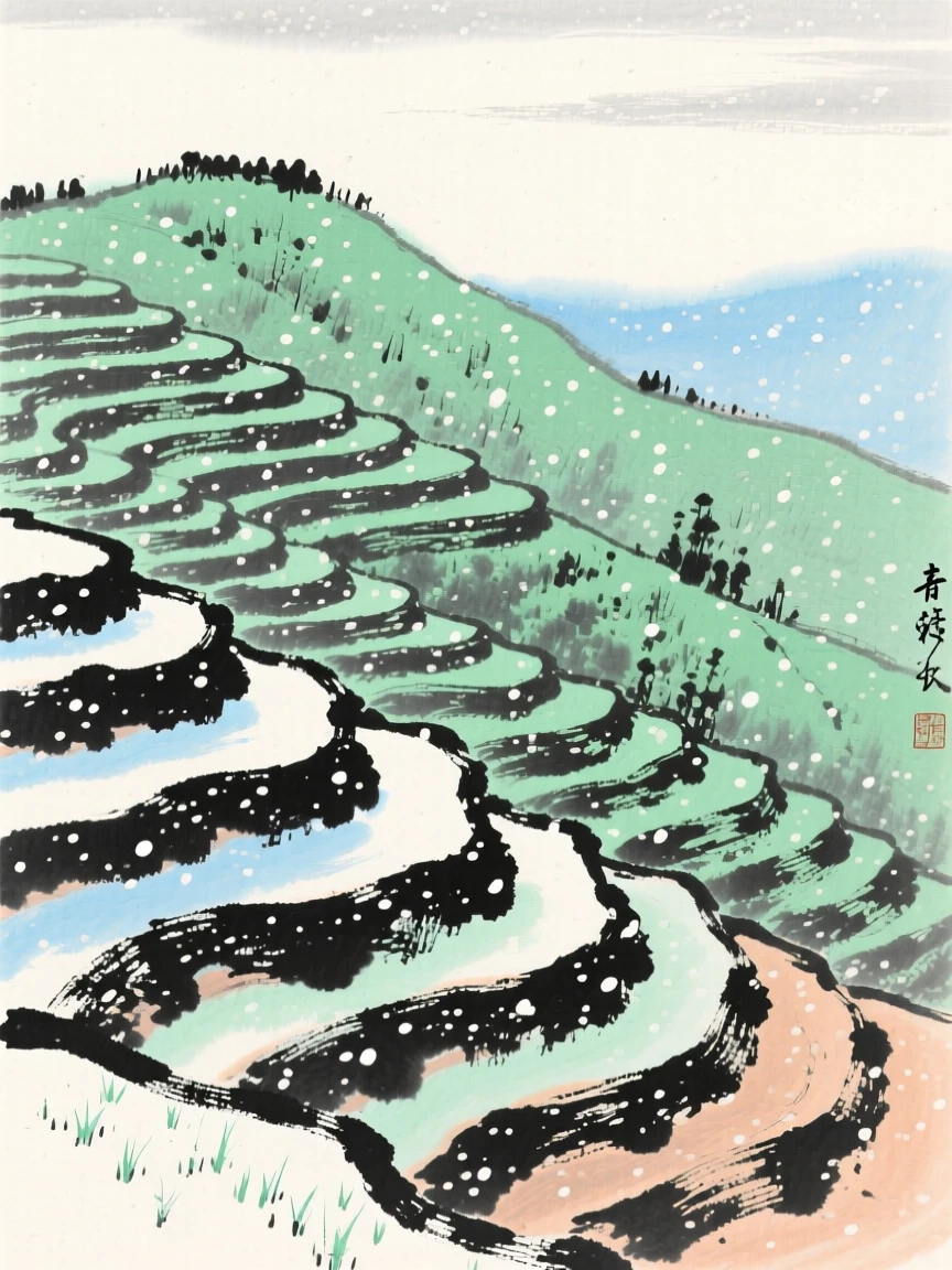 Terraced rice fields stepping down a green hillside, beneath softly falling snow, in the height of summer.