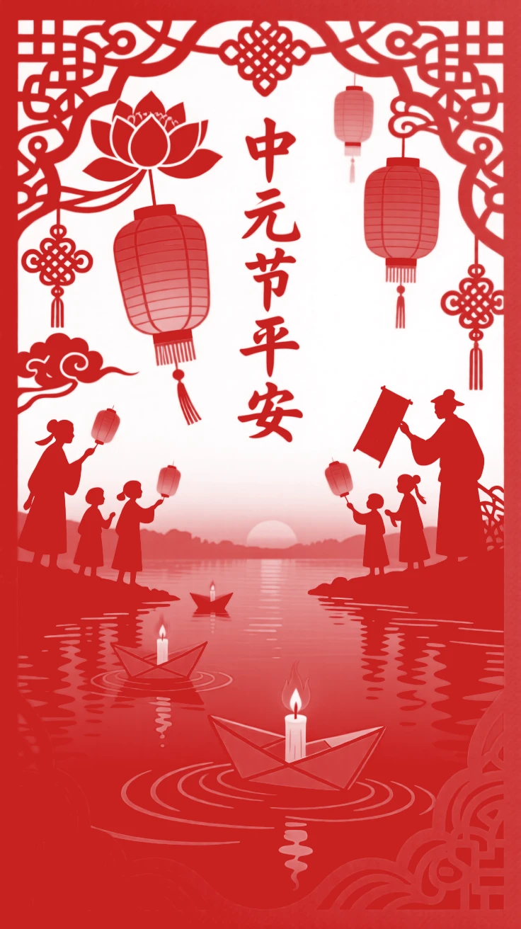 A Hungry Ghost Festival scene of lanterns floating down a dark river at dusk, families releasing paper boats carrying candles, reflections shimmering on the water